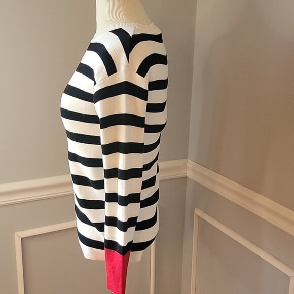 MESH + LACE Black Cream Striped Contrast Red Cuff Crewneck Knit Boho Sweater XS - Picture 2 of 9